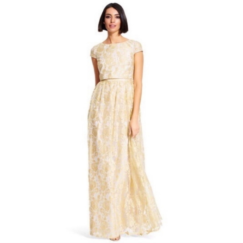 Adrianna Papell Floral Gold Lace Prom Maxi Dress